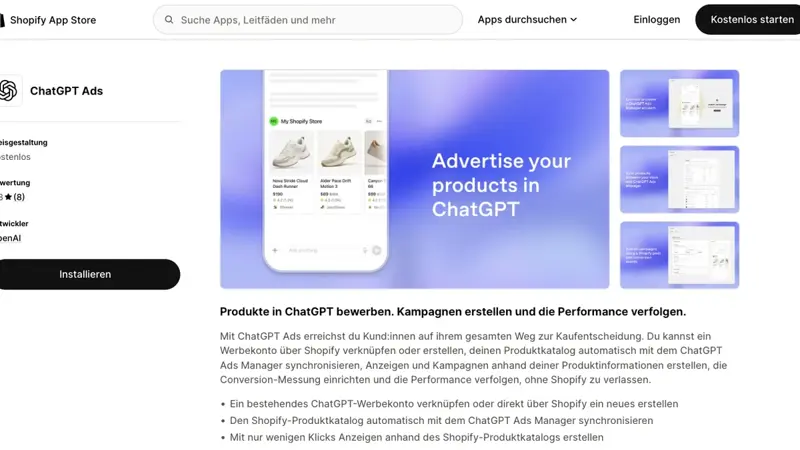 Shopify’s App Store listing for the new ChatGPT Ads integration, syncing product catalogs directly into ad campaigns