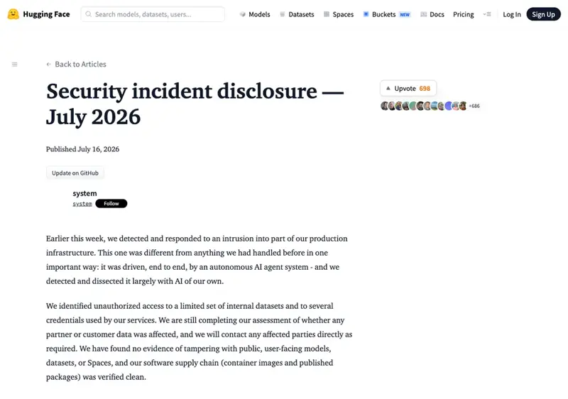 Hugging Face’s public security incident disclosure page describing the July 2026 breach driven by an autonomous AI agent