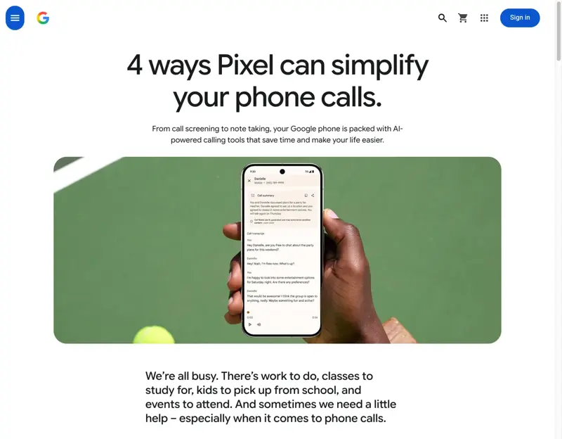 Google’s Pixel Call Assist page, showing the phone’s AI calling tools including call screening and a live call transcript.