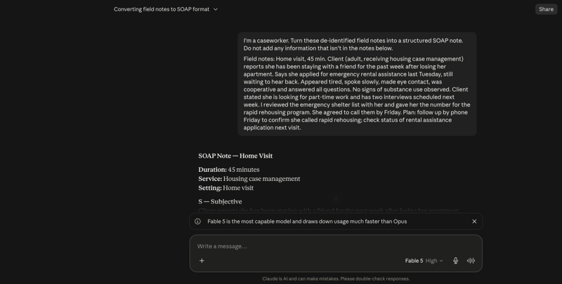 A de-identified example prompt and the AI’s structured SOAP note response, shown in the Claude interface