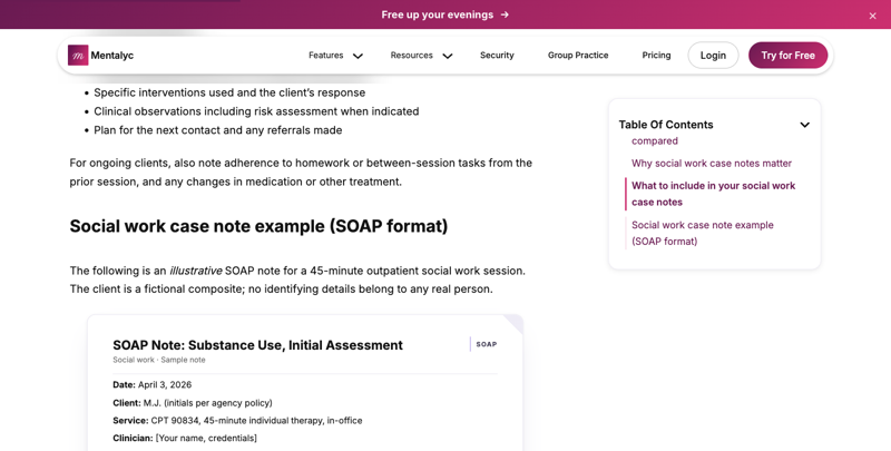 A sample structured SOAP note example for a social work session, explicitly labeled as an illustrative fictional composite