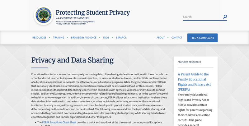 The U.S. Department of Education’s Student Privacy Policy Office page on privacy and data sharing, showing official FERPA guidance for schools using third-party tools
