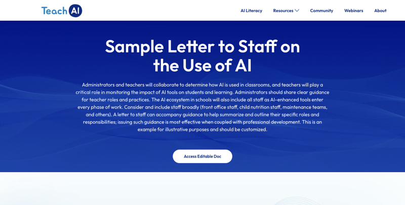 TeachAI’s model staff guidance page on AI use in schools, showing sample policy language for staff about confidential and personally identifiable information
