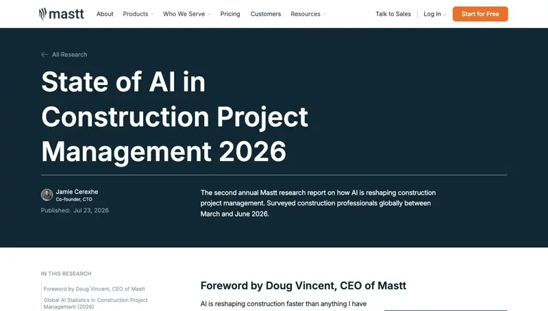 Mastt’s State of AI in Construction Project Management 2026 research report — surveyed construction professionals globally, March–June 2026