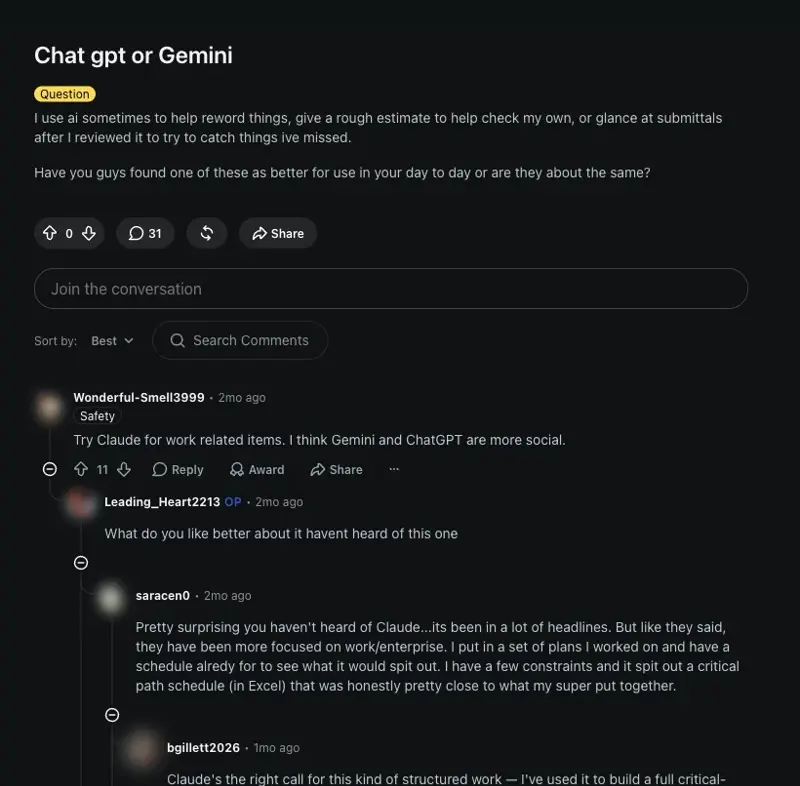 r/ConstructionManagers thread where a GC describes feeding a set of plans to Claude and getting a critical-path schedule in Excel “honestly pretty close to what my super put together”