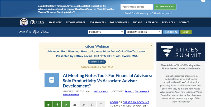 Kitces research article on AI meeting-note tool adoption among financial advisors