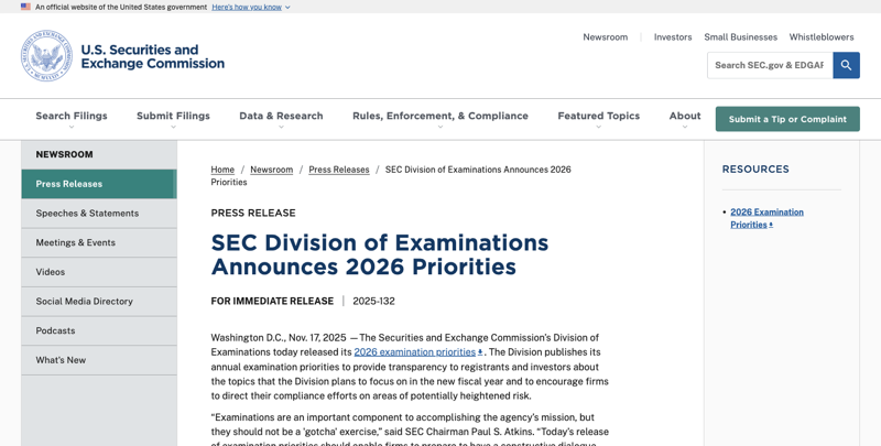 SEC press release announcing the 2026 Division of Examinations priorities