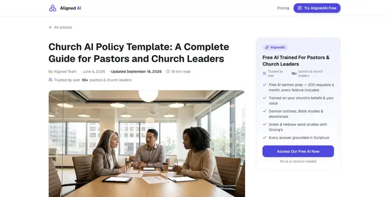 Aligned.church’s Church AI Policy Template article, updated September 16, 2026