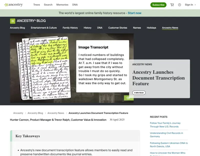 El botón Transcribe de Ancestry convirtiendo un registro manuscrito en texto