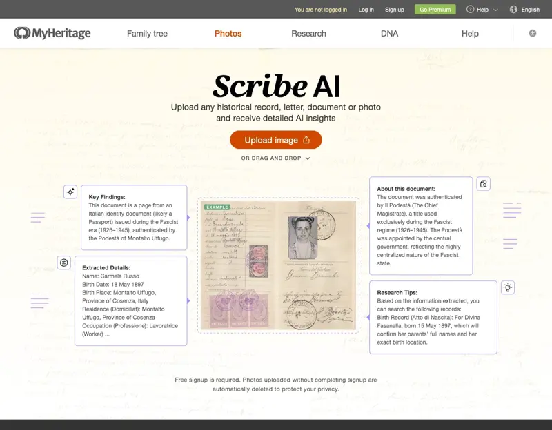 La página de Scribe AI de MyHeritage explicando cómo transcribe, traduce e interpreta registros manuscritos antiguos y fotos