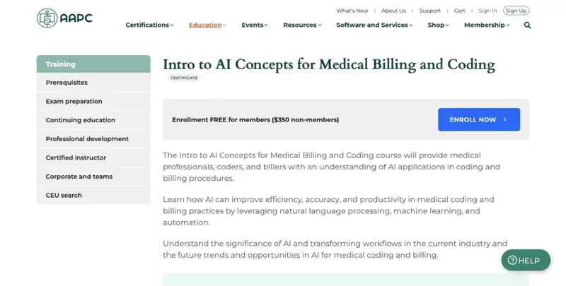 AAPC’s “Intro to AI Concepts for Medical Billing and Coding” continuing-education course page