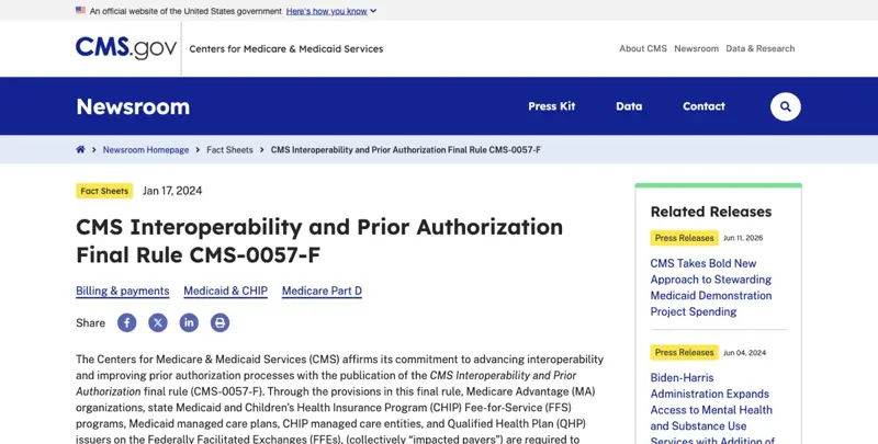 CMS.gov fact sheet page for the Interoperability and Prior Authorization Final Rule CMS-0057-F, dated January 17, 2024