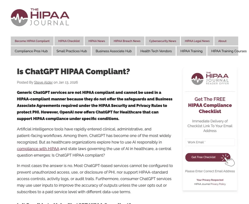 The HIPAA Journal’s verdict: standard ChatGPT is not HIPAA-compliant