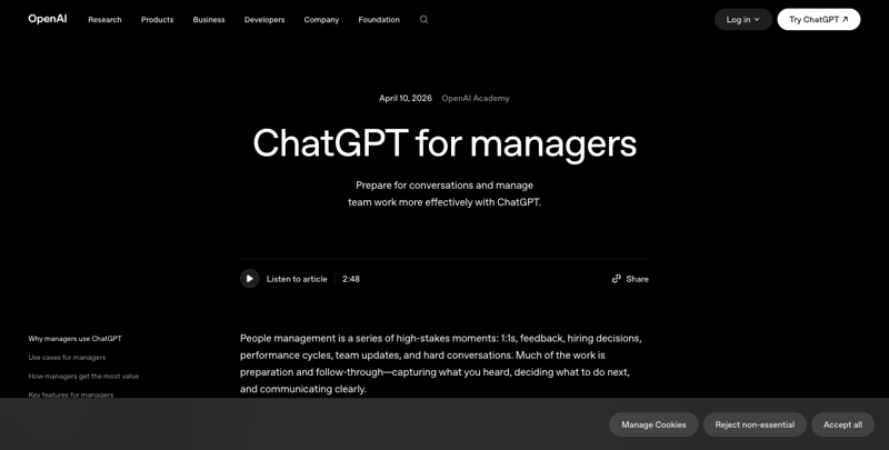 OpenAI Academy’s guide to ChatGPT for managers, covering feedback and performance cycles