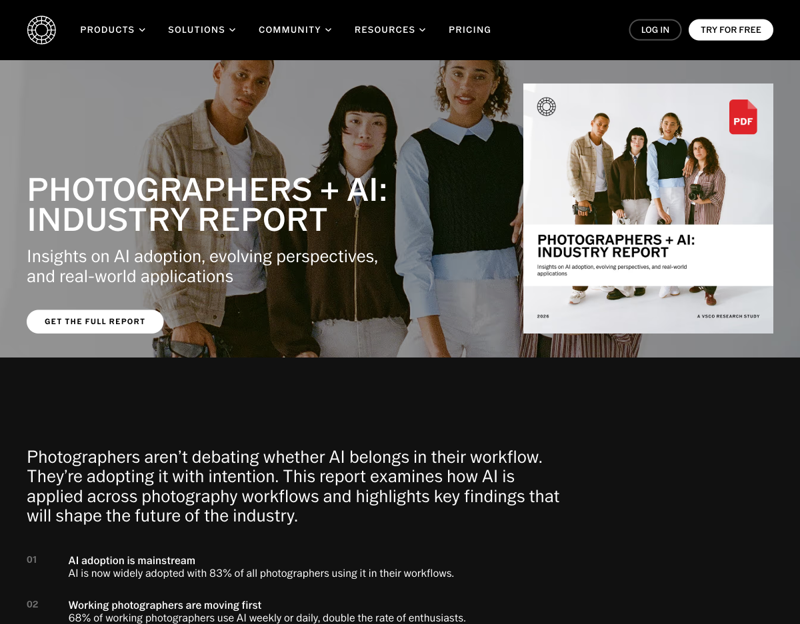VSCO’s 2026 “Photographers and AI” research report: AI adoption is mainstream, with 88% of working photographers using it — mostly for production and business tasks, not creative editing.