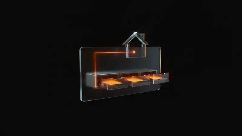 Crystalline MLS dashboard panel with three glowing amber drawers opening to reveal hidden AI features, a small abstract house shape floating above connected by an amber light-line