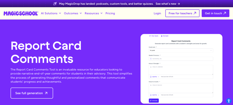 MagicSchool’s Report Card Comments tool