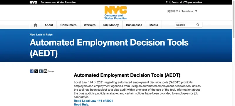 NYC’s Automated Employment Decision Tools law page explaining bias-audit and candidate-notice rules