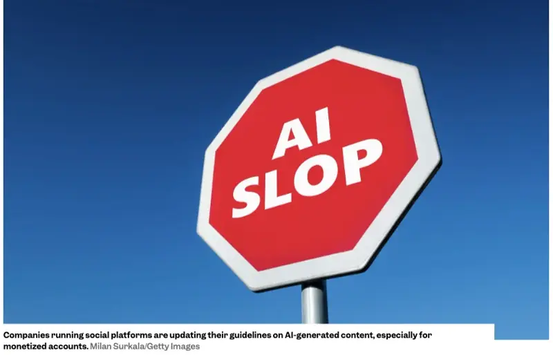 Il report di Business Insider sulle piattaforme social che stringono le regole sull’AI slop, con un cartello di stop rosso «AI SLOP» su cielo azzurro
