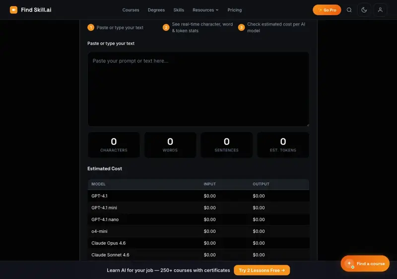 FindSkill’s free AI Token Counter showing live character, word, and token counts with estimated per-model cost — a quick way to see which prompts are heavy
