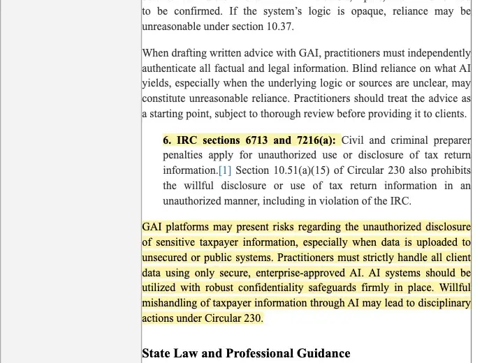 IRS OPR Alert 2026-19 with the section on IRC sections 6713 and 7216(a) highlighted: preparer penalties apply for unauthorized use or disclosure of tax return information, and practitioners must handle client data using only secure, enterprise-approved AI