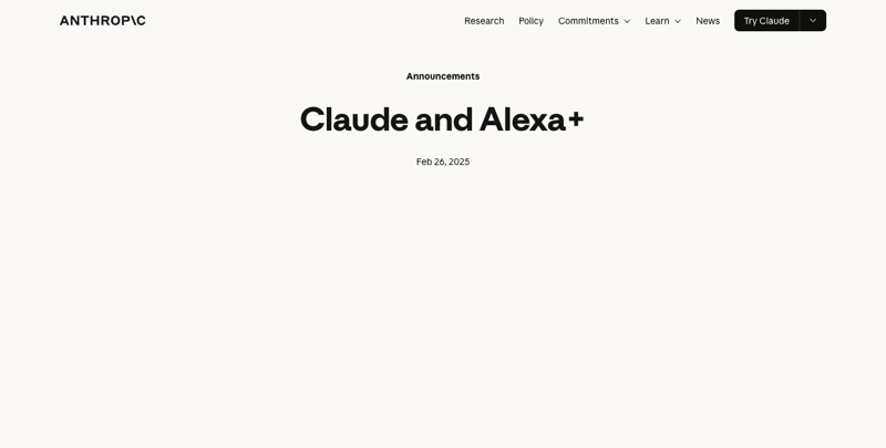 Anthropic’s announcement page confirming Claude models power part of Amazon’s Alexa+ assistant