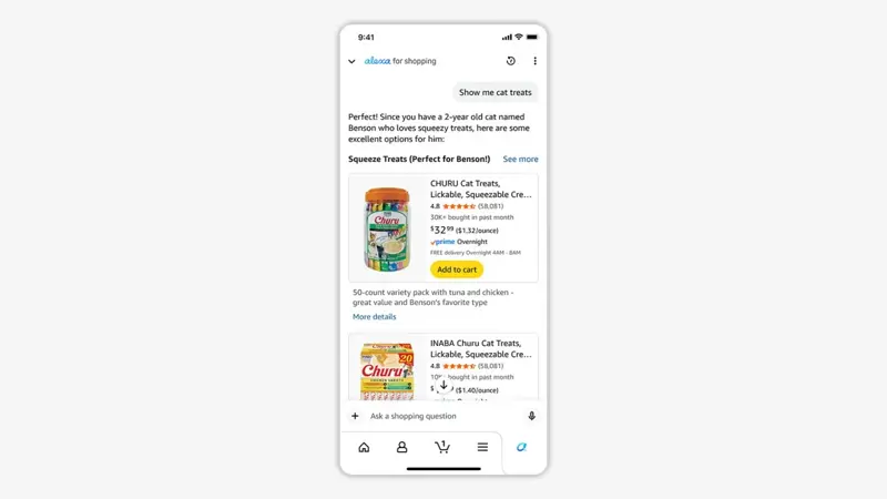 Amazon’s official Alexa for Shopping sample: a user asks “Show me cat treats” and the assistant replies “Since you have a 2-year old cat named Benson who loves squeezy treats,” then lists Churu cat treats