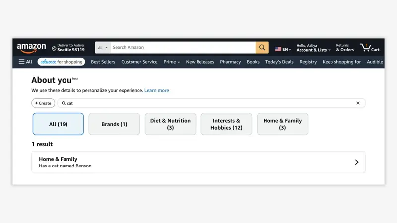 Amazon’s official About You sample: category buttons showing Brands (1), Diet & Nutrition (3), Interests & Hobbies (12) and Home & Family (3), with a search for “cat” returning one result, “Has a cat named Benson”