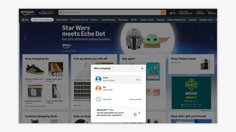 Amazon’s official desktop screenshot: a “Who’s shopping?” panel listing an account holder and an adult profile, with an About You (beta, New) card at the bottom