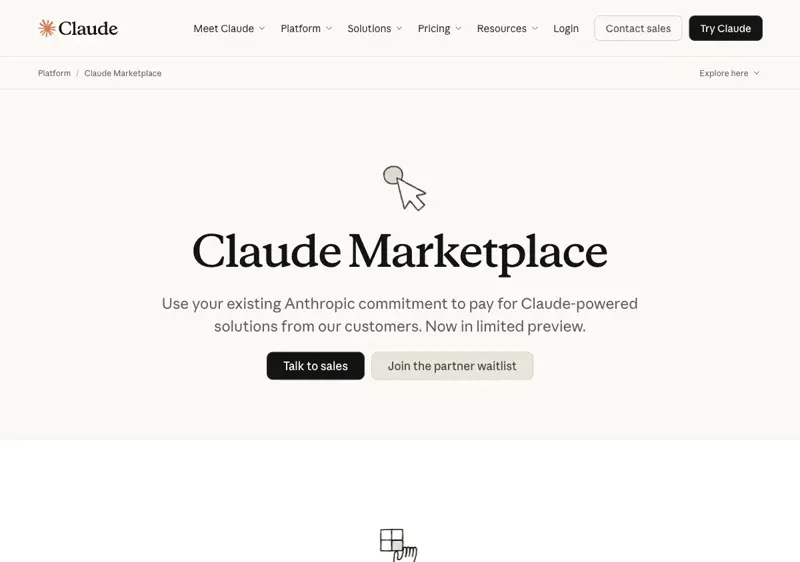 The Claude Marketplace landing page with the headline “Use your existing Anthropic commitment to pay for Claude-powered solutions from our customers — Now in limited preview” plus the “Talk to sales” and “Join the partner waitlist” buttons