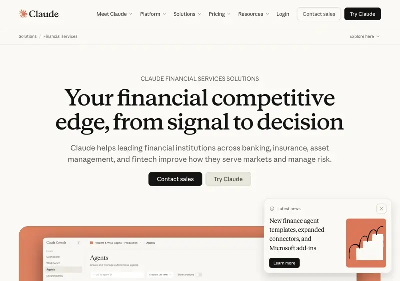 Claude’s Financial Services solutions page — “Your financial competitive edge, from signal to decision” with a Latest News overlay highlighting the new finance agent templates, expanded connectors, and Microsoft add-ins
