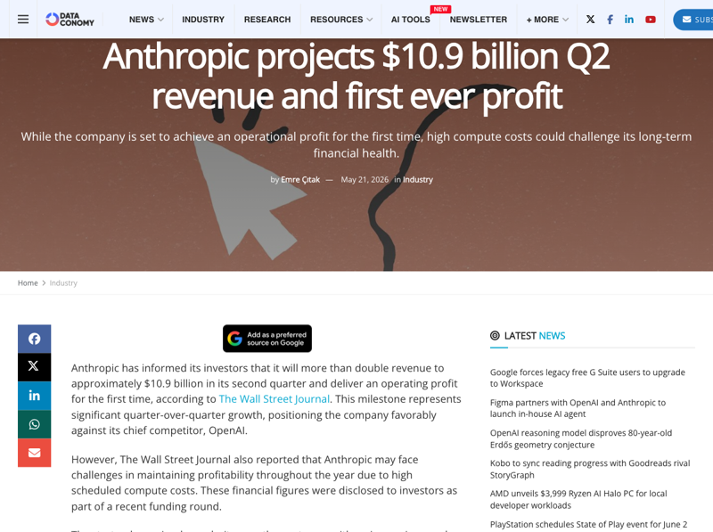 Tech-press coverage of Anthropic’s projected first operating profit