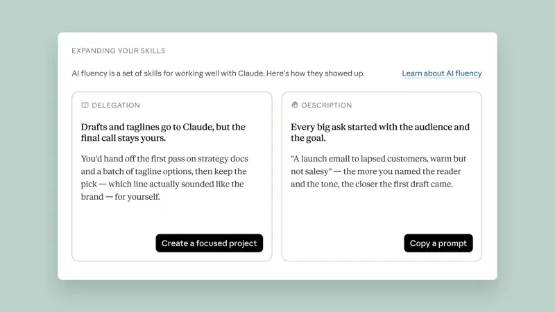 Claude Reflect framing a user’s month as AI fluency skills, with Delegation and Description cards plus Create a focused project and Copy a prompt buttons