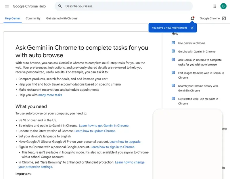 Chromeのヘルプページでは、Geminiが「Auto Browse」で複数ステップのタスクを完了する方法を説明しています