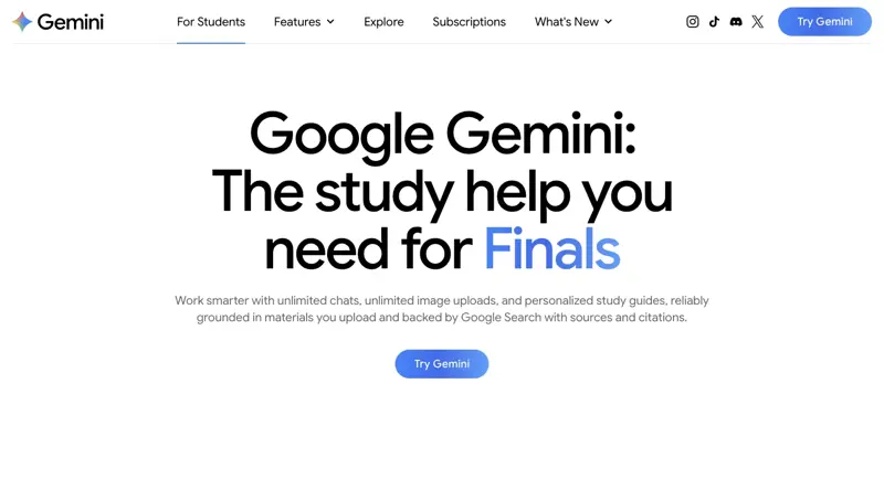 Google’s Gemini for Students page: “The study help you need for Finals” — unlimited chats, uploads, and personalized study guides grounded in your materials