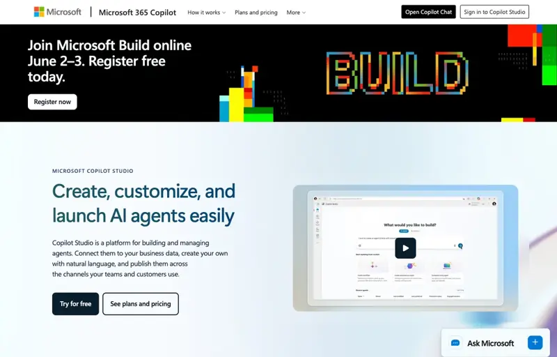 Microsoft Copilot Studio’s product page, where you start building agents