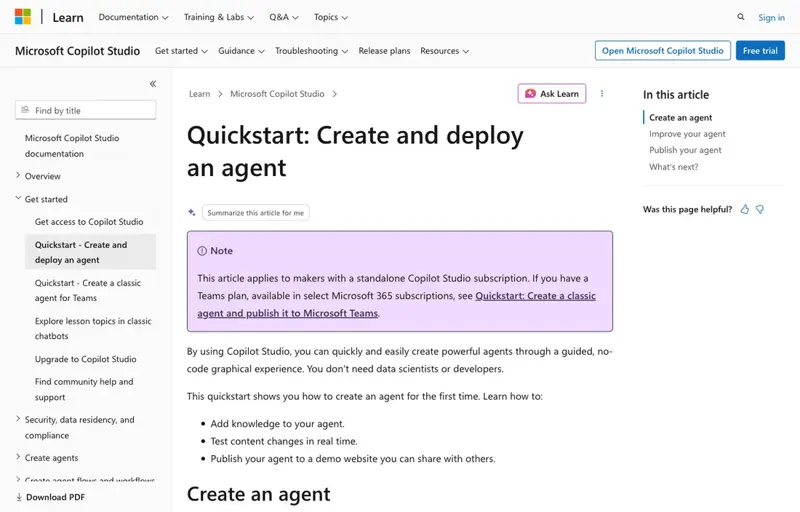 The Copilot Studio quickstart in Microsoft’s official docs walks through the same create-and-publish flow