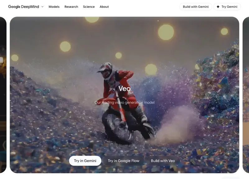 Trang giới thiệu mô hình video Veo của Google DeepMind, dùng bên trong ứng dụng Gemini