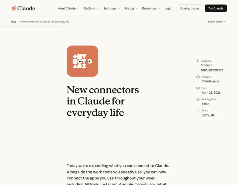 Anthropic’s Claude blog post “New connectors in Claude for everyday life,” dated April 23, 2026, listing apps like AllTrails, Instacart, Audible and TripAdvisor