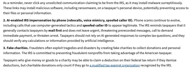 The IRS Dirty Dozen release for 2026, showing item 2 on AI-enabled impersonation and its sentence about AI-generated responses to complex tax questions