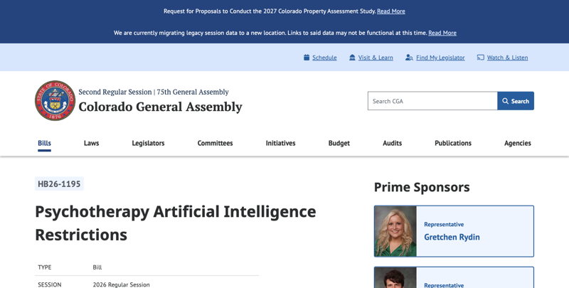 Colorado General Assembly’s official bill page for HB26-1195, “Psychotherapy Artificial Intelligence Restrictions”