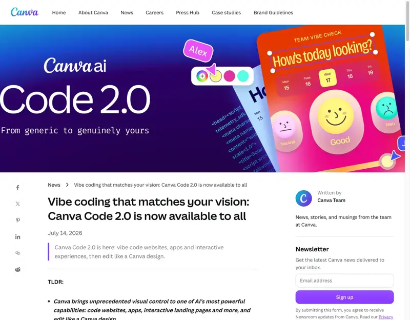 Die Canva-Newsroom-Seite kündigt Canva Code 2.0 an, verfügbar für alle ab dem 14. Juli 2026