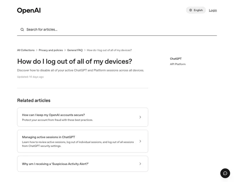 OpenAI Help Center article explaining how to log out of all devices at once