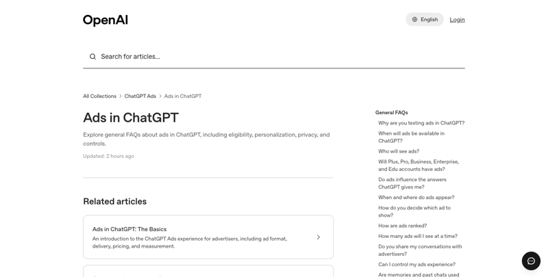 OpenAI’s official “Ads in ChatGPT” help center page listing eligibility, personalization, and privacy FAQs