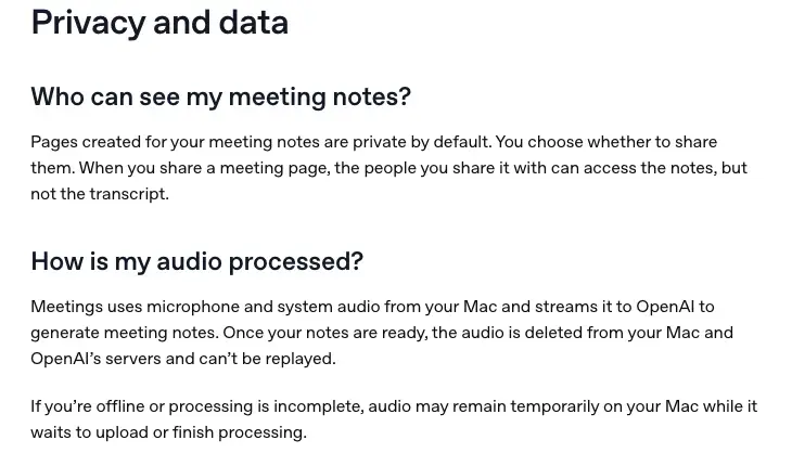 The Privacy and data section of OpenAI’s Meetings plugin help page, stating that audio is deleted from the Mac and OpenAI’s servers once notes are ready