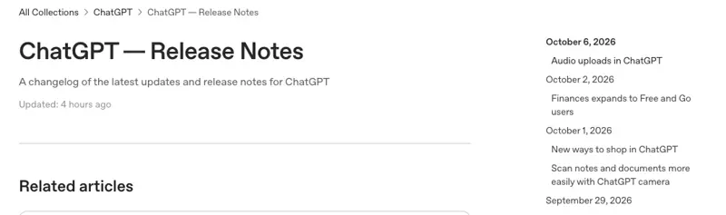 The ChatGPT release notes page from OpenAI’s help center, with the October 6, 2026 entry “Audio uploads in ChatGPT” at the top of the changelog index