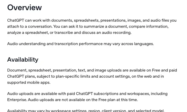 The Availability section of OpenAI’s “Uploading files and audio to ChatGPT” help article, stating that audio uploads are available with paid subscriptions and workspaces and not on the Free plan