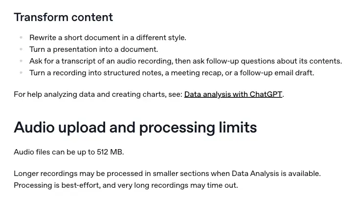 The audio upload and processing limits section of the OpenAI help article, showing the 512 MB file cap and the note that very long recordings may time out