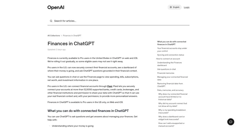 OpenAI Help Center documentation for Finances in ChatGPT
