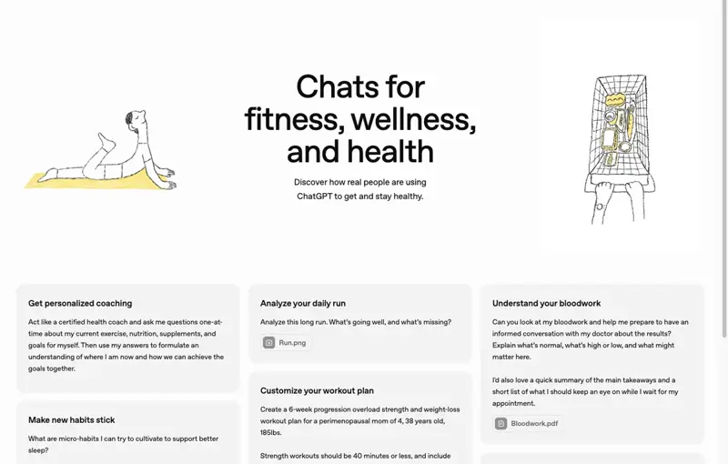 ChatGPT’s fitness and wellness page showing example prompts, including one titled “Understand your bloodwork” that asks ChatGPT to explain what’s normal, high, or low in a lab panel, with a Bloodwork.pdf attached
